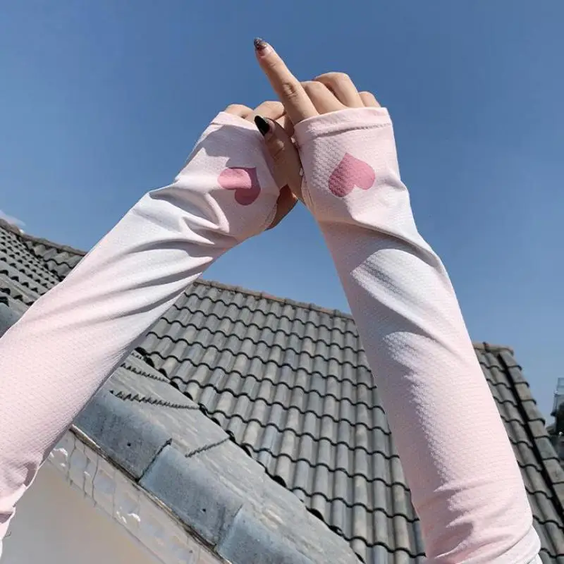 

1 Pair Sweet Heart Print Ice Silk Sleeve Sunscreen Cuff Arm Sleeves UV Sun Protect Anti-Slip Summer Women Gloves Outdoor Driving
