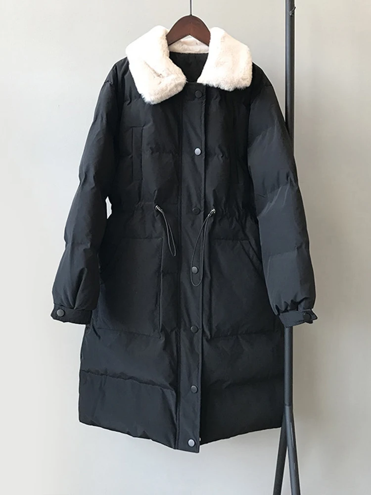 QOERLIN Imitation Rabbit Collar Winter Thicken Long Trench Winter Mid-length Waisted Keep Warm Down Coats Women Zipper Parkas