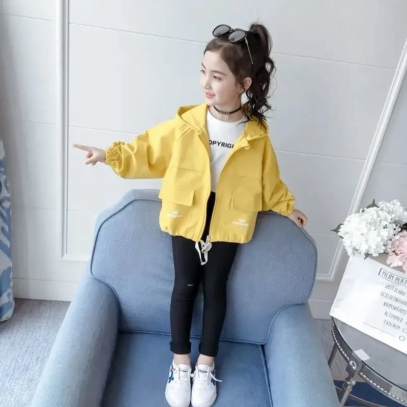 

Little Girls Spring Autumn All-match Jackets Casual Tops Kids Clothes Child Letter Hooded Coats Baby 2 To 12 Years Old Outerwear