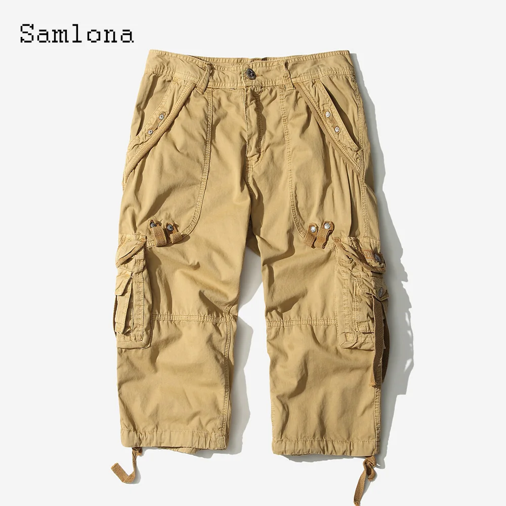 Samlona Plus Size Men Casual Shorts 2023 New Summer Calf-Length Pants Mens Vintage Multi-pocket Shorts Outdoor Cargo Hotpants