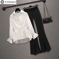 drawstring pleated white shirt blouse black wide leg trousers two piece set summer elegant womens pants set office work suit