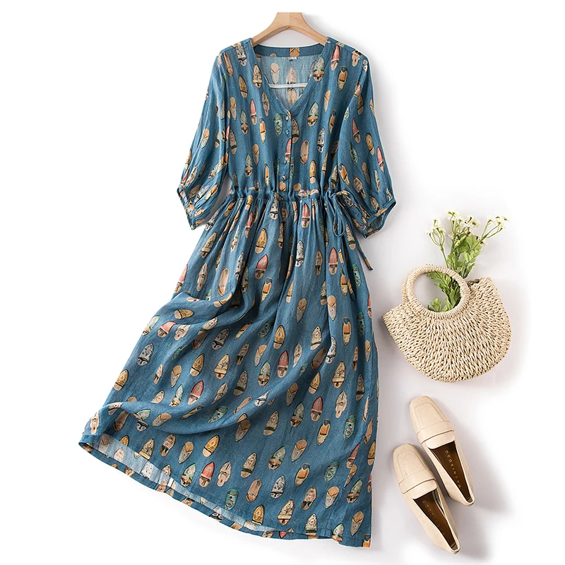 

Женское винтажное длинное платье, ТРАПЕЦИЕВИДНОЕ ПЛАТЬЕ С V-образным вырезом, коротким рукавом и принтом, лето 2023