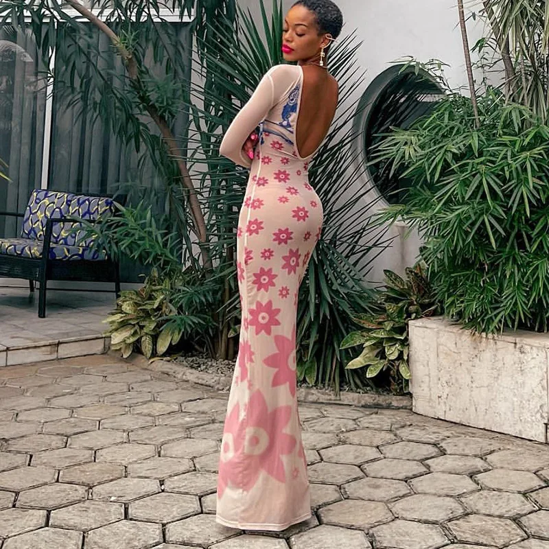 

Combhasaki Women Y2K Long Bodycon Dress Portrait Floral Print Boat-Neck Mesh See-Through Long Sleeve Backless Party Sundress