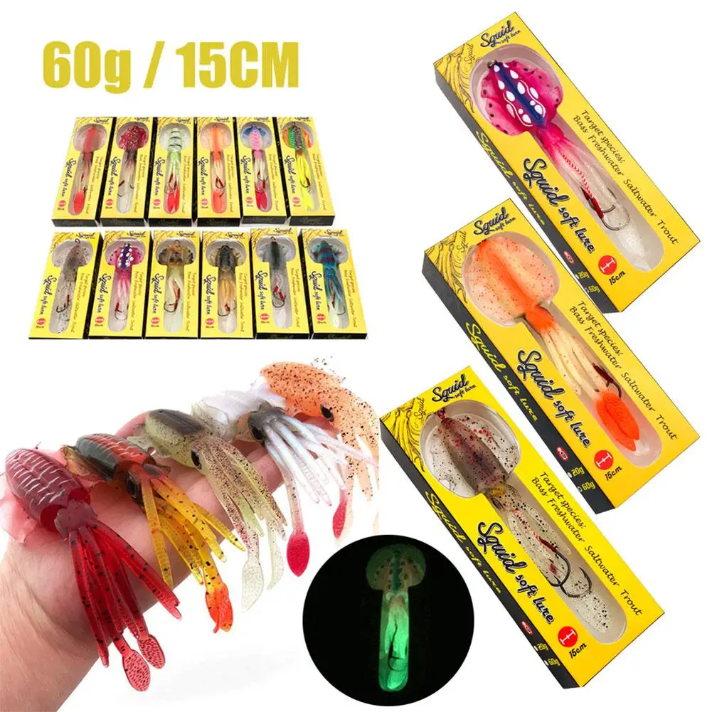 

60g Luminous Squid Fishing Bait Vivid Appearance Fake Soft Bait Uv Squid Jig Suitable For Sea Fishing