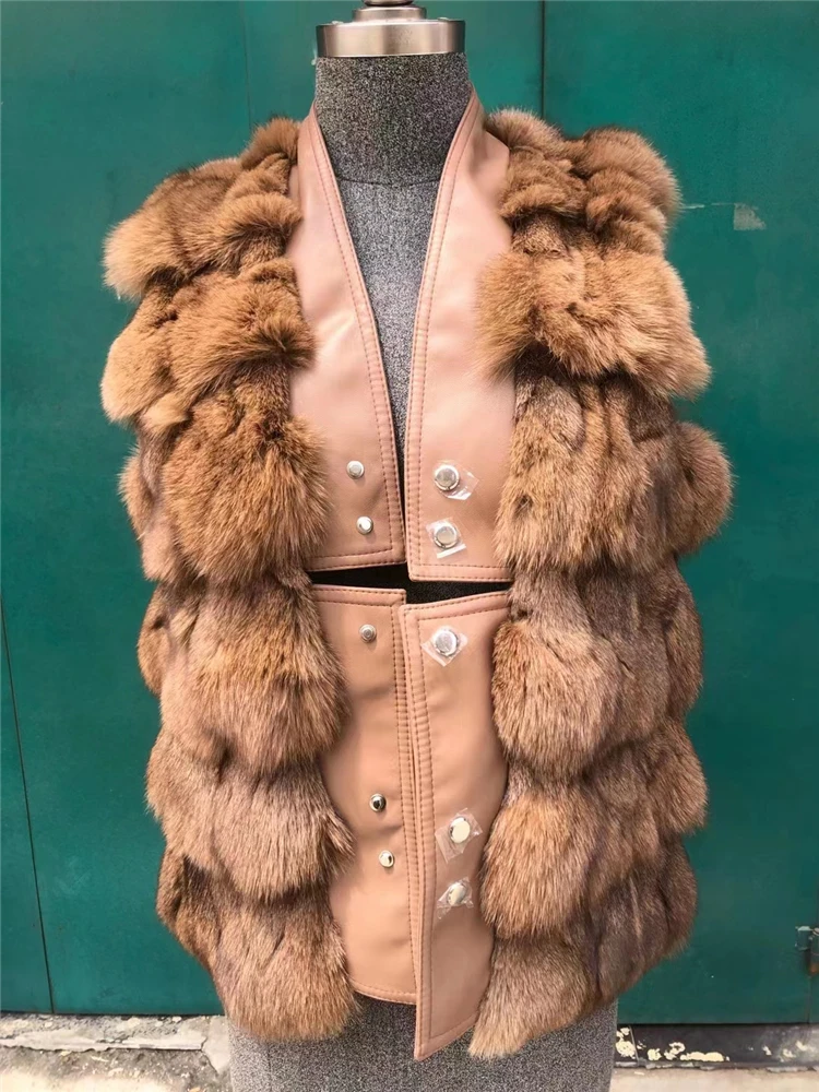 FURYOUME 2022 Winter New Natural Fox Fur Sleeveless Vest V-neck Women Real Fox Fur Coat Short Stylish Jacket Thick Warm Parka