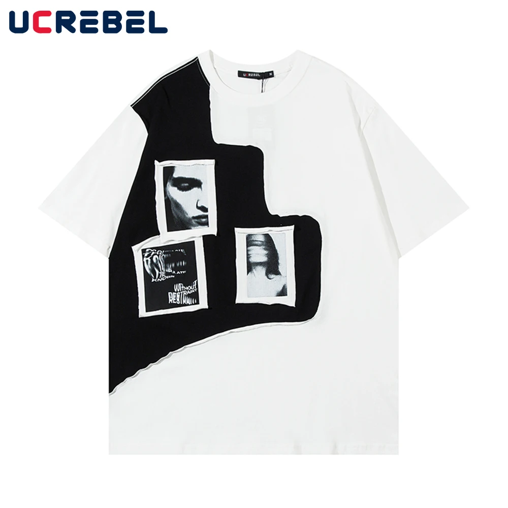 

Футболка мужская с коротким рукавом и круглым вырезом, асимметричная хлопковая уличная одежда с принтом, топ свободного покроя с коротким р...