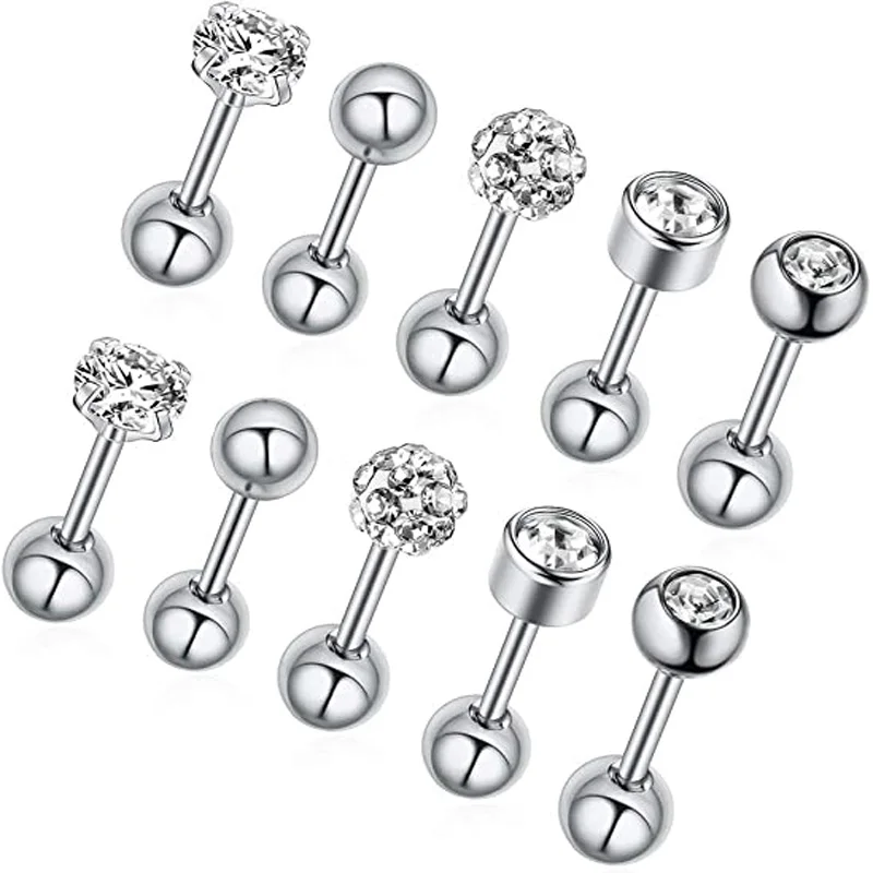 

5 Pairs Stud Earrings Set 316L Stainless Steel Hypoallergenic Ladies Mens 3MM Zircon Cartilage Stud Earrings Steel