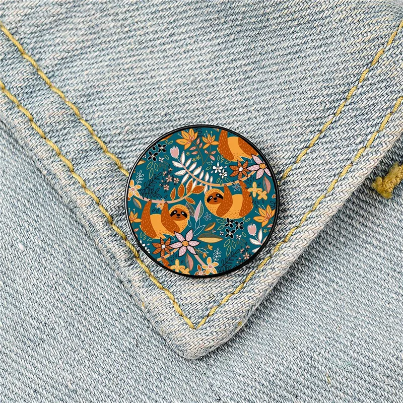 

Happy Boho Sloth Floral Printed Pin Custom Funny Brooches Shirt Lapel Bag Cute Badge Cartoon Jewelry Gift for Lover Girl Friends
