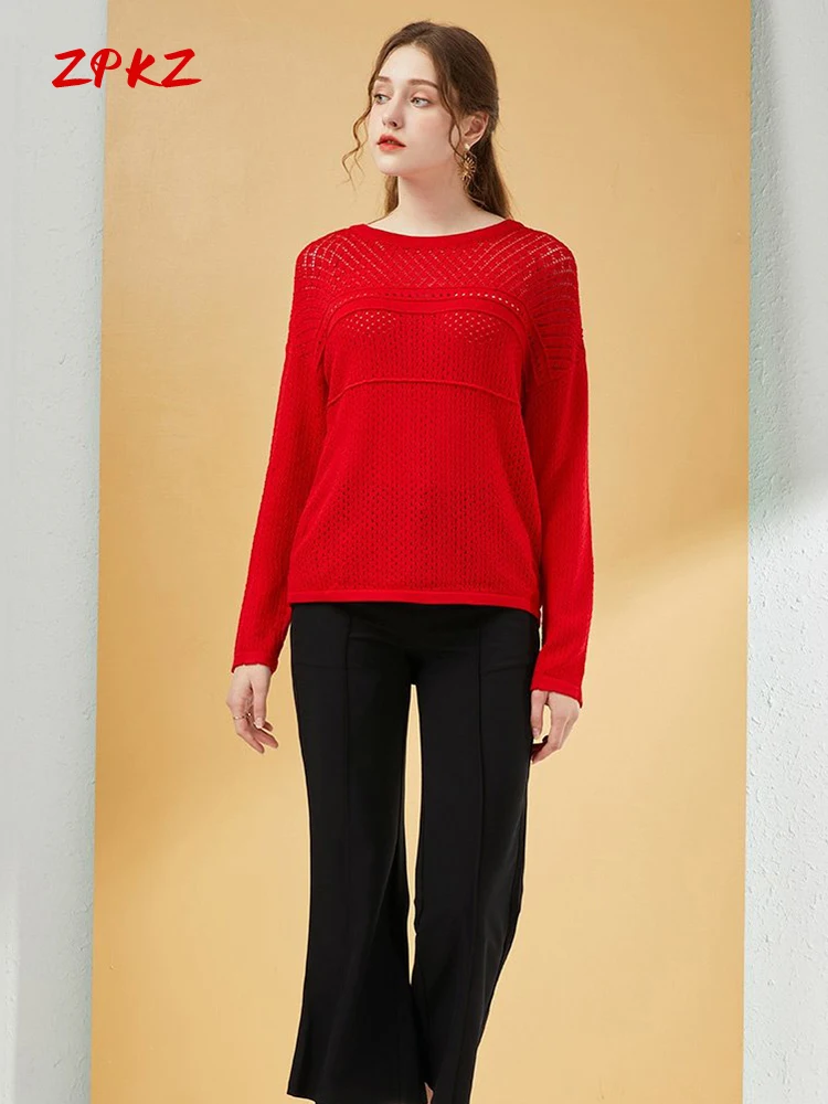 

ZPKZ Red Women Autumn Sweater New Warm Temperament Openwork Crewneck Loose Temperament Long Sleeve Sweater Female Knitted Top