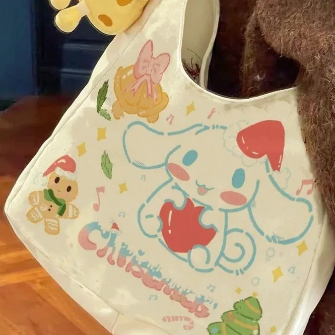 Фото Сумка-хобо из холщовой ткани Kawaii Sanrio Cinnamoroll в рождественском стиле — милая мультяшная сумка через плечо с праздничными принтами №2