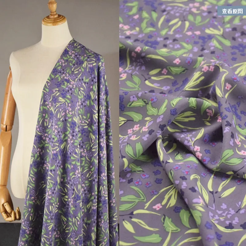 Шифоновая ткань в стиле ретро для платья серая подошва розово-фиолетовый принт с