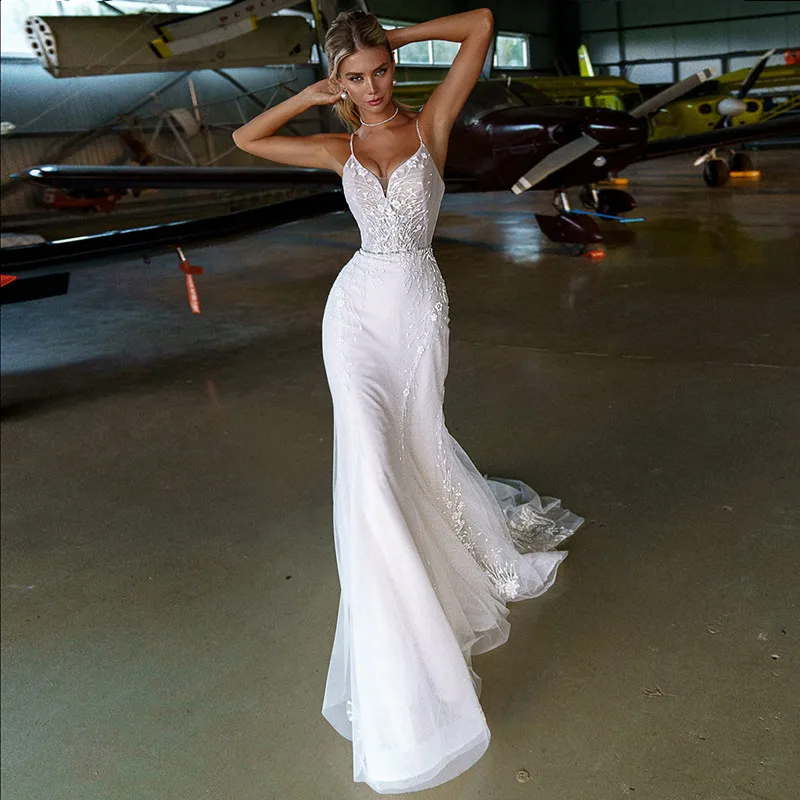 

Sexy Mermaid Sleeveless Wedding Dress Newest 2022 Slim Fit Lace Applique Deep V-Neck Long Open Back Bride Gown Vestidos De Novia