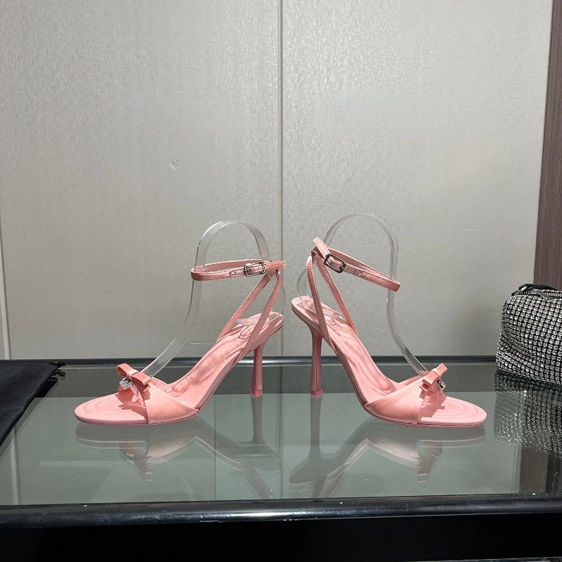 Women's Sandals 2023 Summer New Fashion Banquet Rhinestone Letter Buckle Bow High Heel Sexy Slim Heel Open Toe Roman Shoes