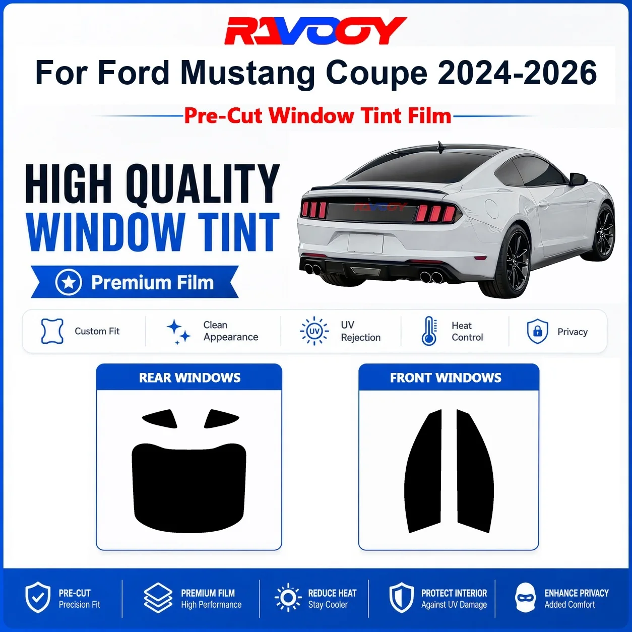 Фото Премиальная предварительно нарезанная тонировочная пленка для окон Ford Mustang Coupe 2024-2026: для передних и задних стекол, с защитой от УФ-излучения и теплоизоляцией, пленка для конфиденциальности №1