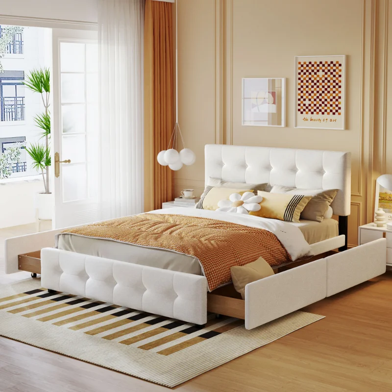 

Upholstered Platform Bed with Classic Headboard and 4 Drawers No Box Spring Needed Linen Fabric Queen Size White Maximized Space