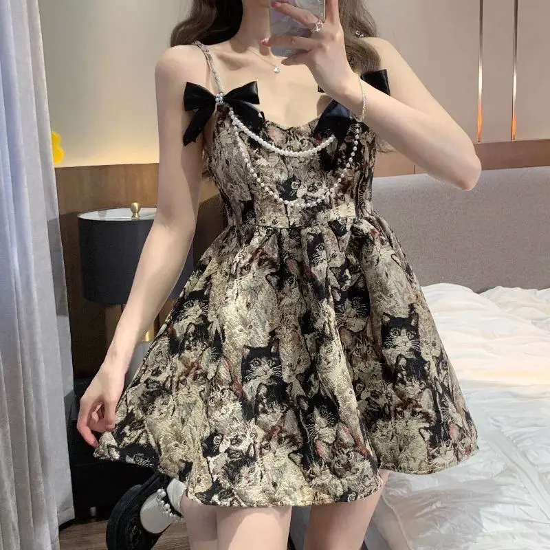 

Summer New Sweet Oil Painting Skirt Women Bow V Neck Strap Spaghetti Mini Dress Female Fashion Sexy Birthday Vestido Mujer 2023