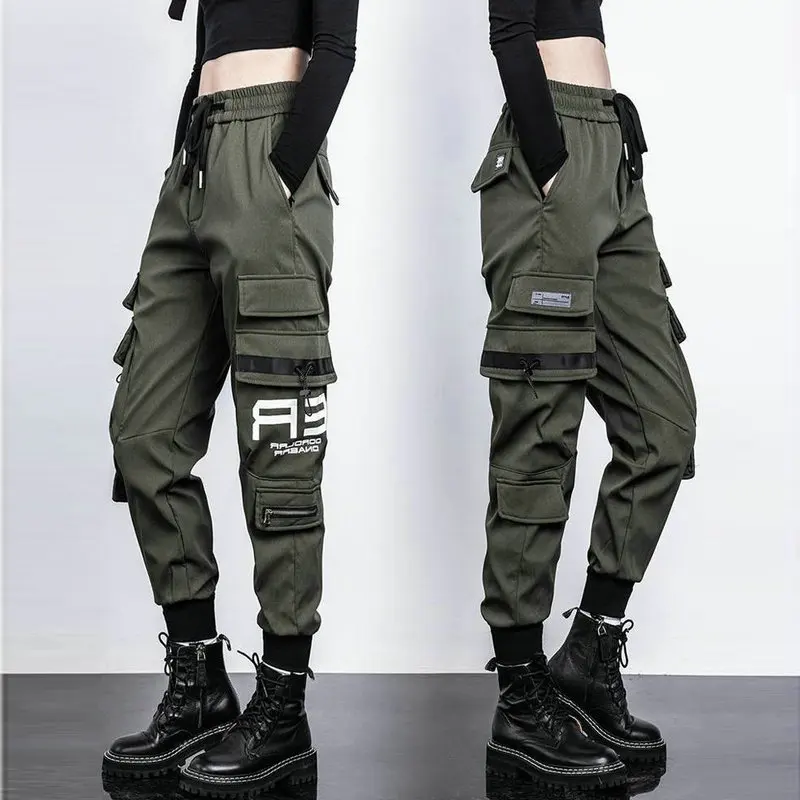 

Брюки-карго женские с большими карманами, эластичные свободные штаны с завышенной талией, уличная одежда, брюки-багги, тактические джоггеры