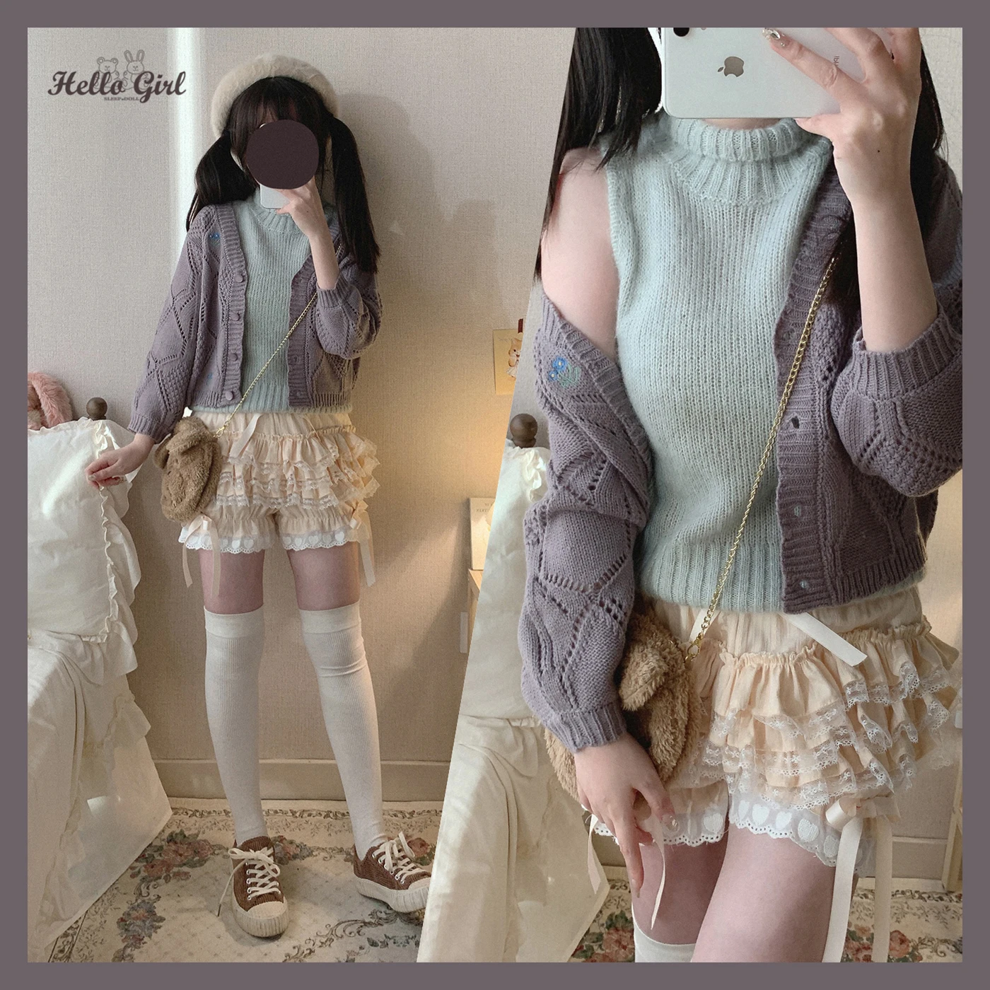 2023 Summer New Lace Retro Style Cotton Jacquard Bow Versatile Inner Match Shorts Sweet Cute Girl Outer Wear Short Pants