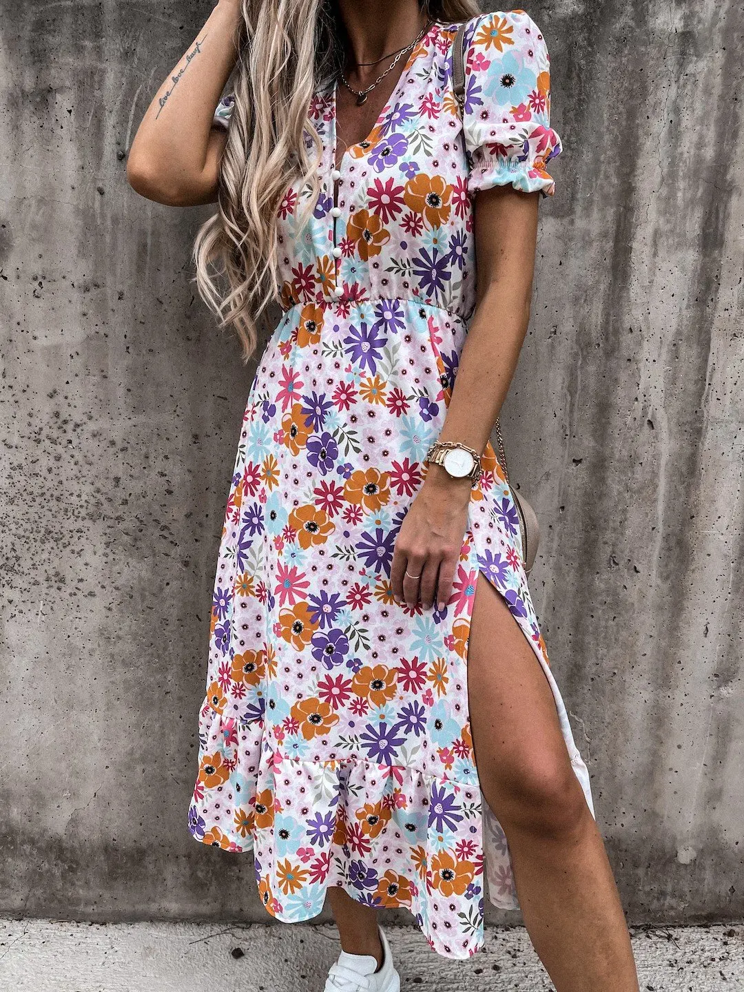 

2022 Summer Print Women's Long Dress V-neck Side Split Casual Elegant Dresses Female Autumn Fashion Loose Beach Clothes Ladies