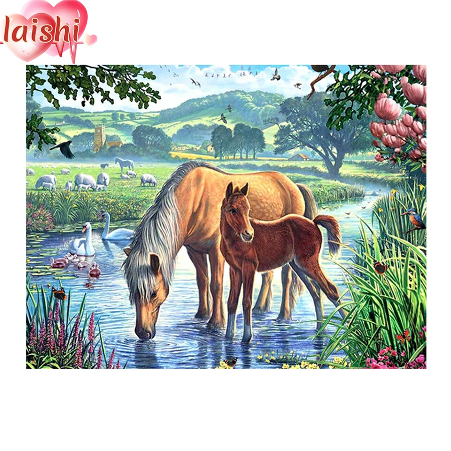 

Full circle diamond painting duck horse drinking water Diamond embroidery handmade diamond embroidery home decoration art pictur