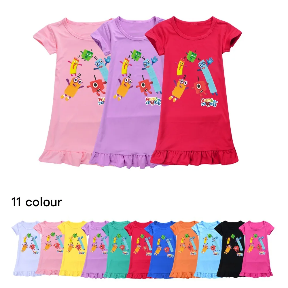 

Number Blocks Girls Dress Summer Cartoon Nightgown Children Clothes Short Sleeve Pajamas Princess Dress Kids Sleepwear