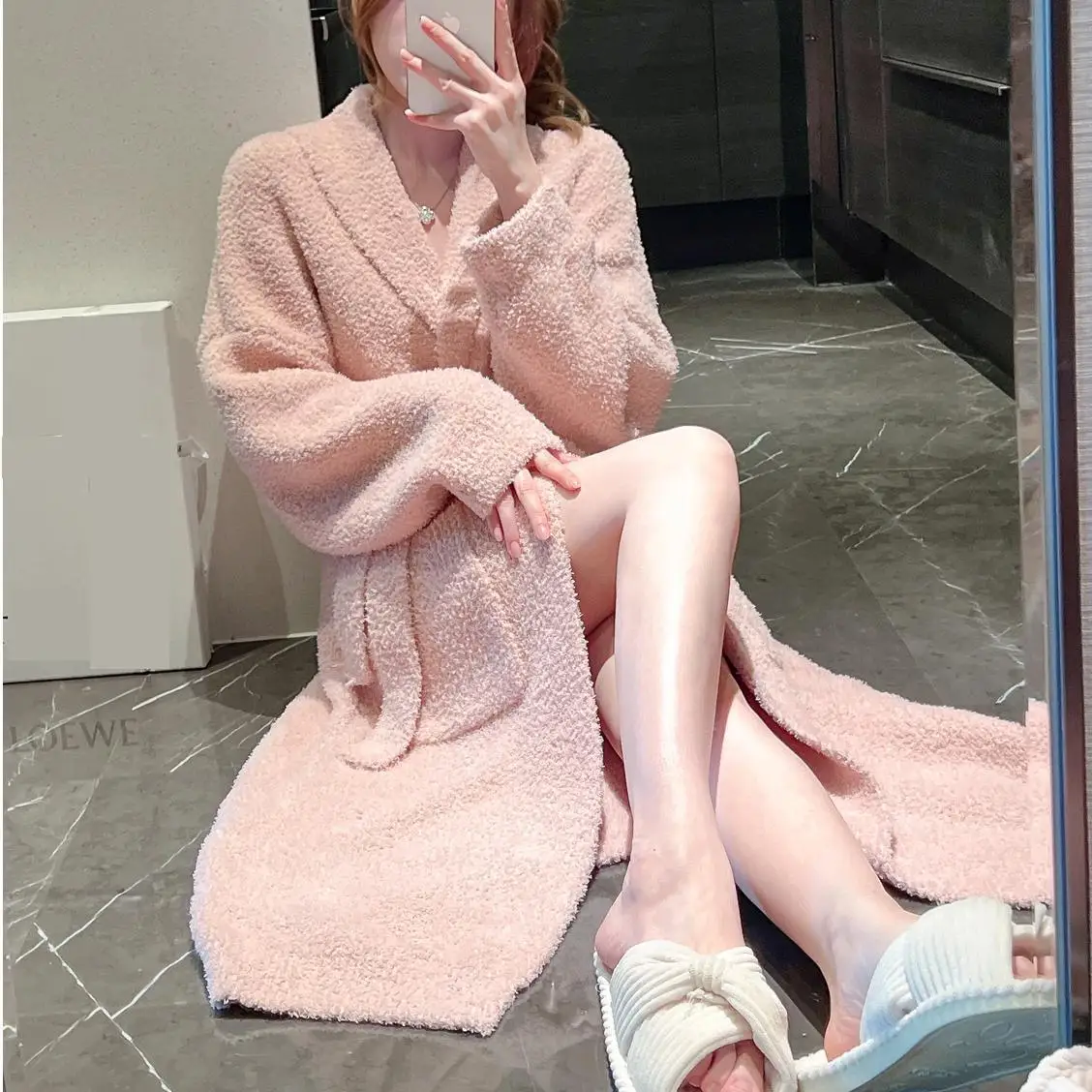 

Winter Coral Fleece Robe Sleepwear Flannel Kimono Bathrobe Women V-Neck Nightgown Nighty Gown Casual Nightwear Loungewear