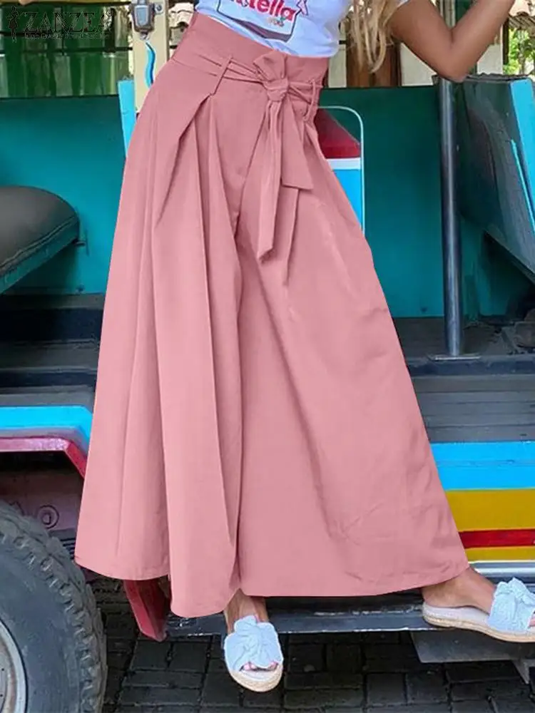 

ZANZEA 2022 Wide Leg Pants Women Trousers Casual High Waist Belted Pants Fashion Office Lady Elegants Black A Line Pant Oversize