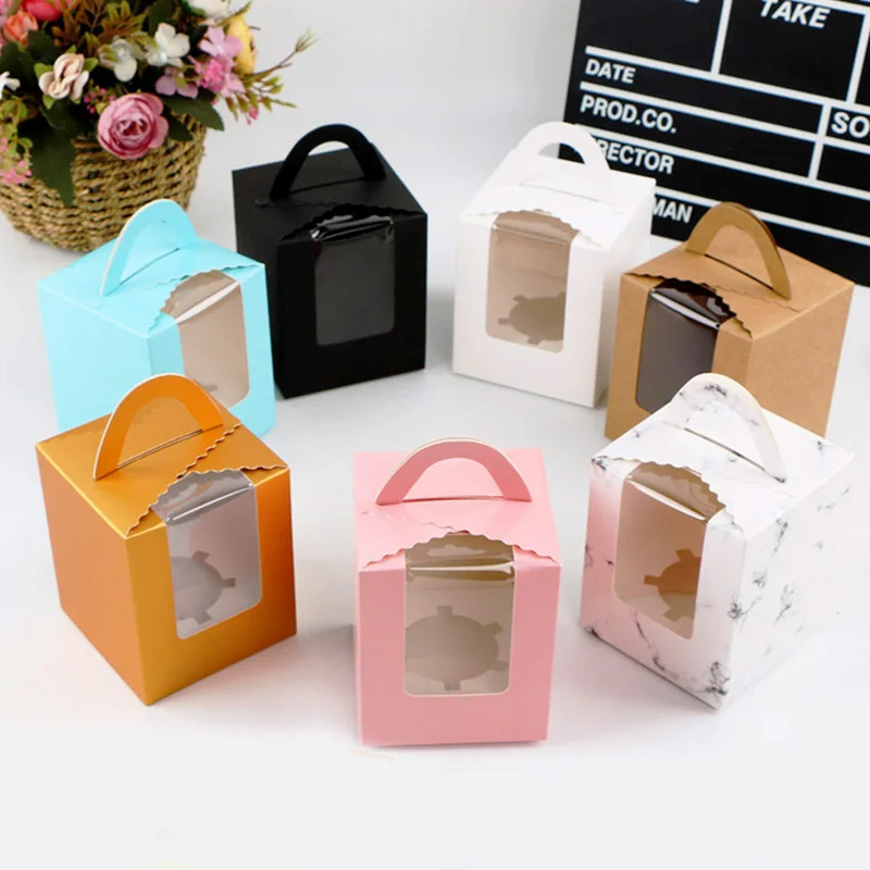 

5pcs Portable Display Window Cake Box French Pastry Muffin Single Cupcake Box Hand-held Baking Packaging Case Wholesale