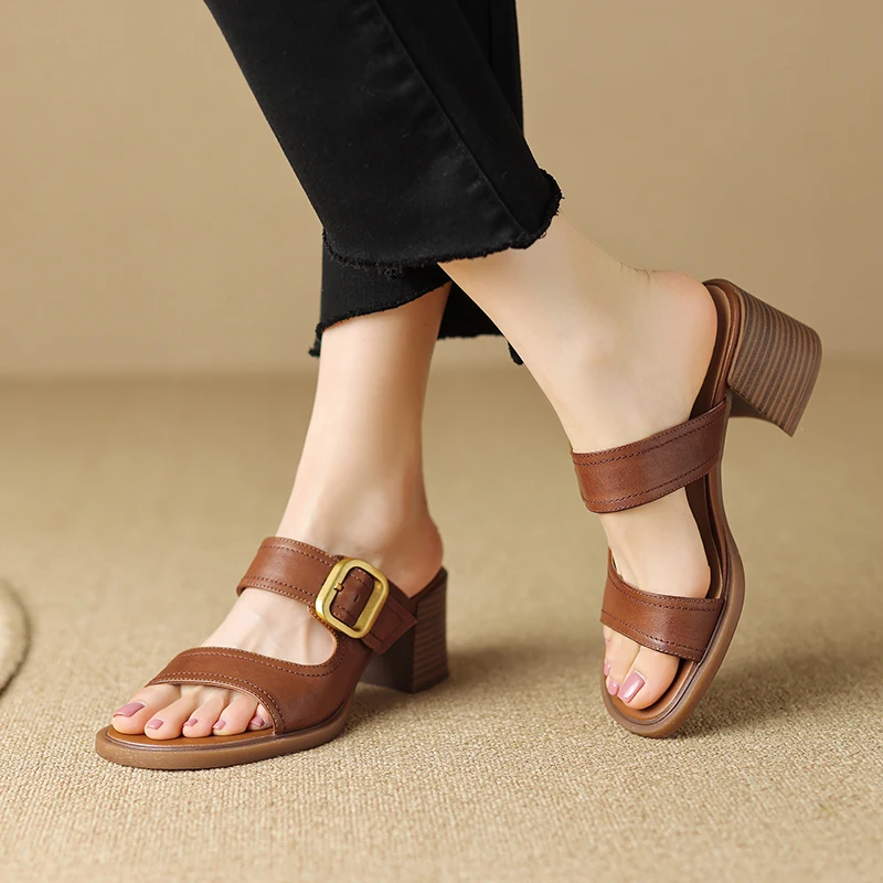 

Женские босоножки на высоком каблуке, коричневые кожаные сандалии в стиле ретро, лето 2023