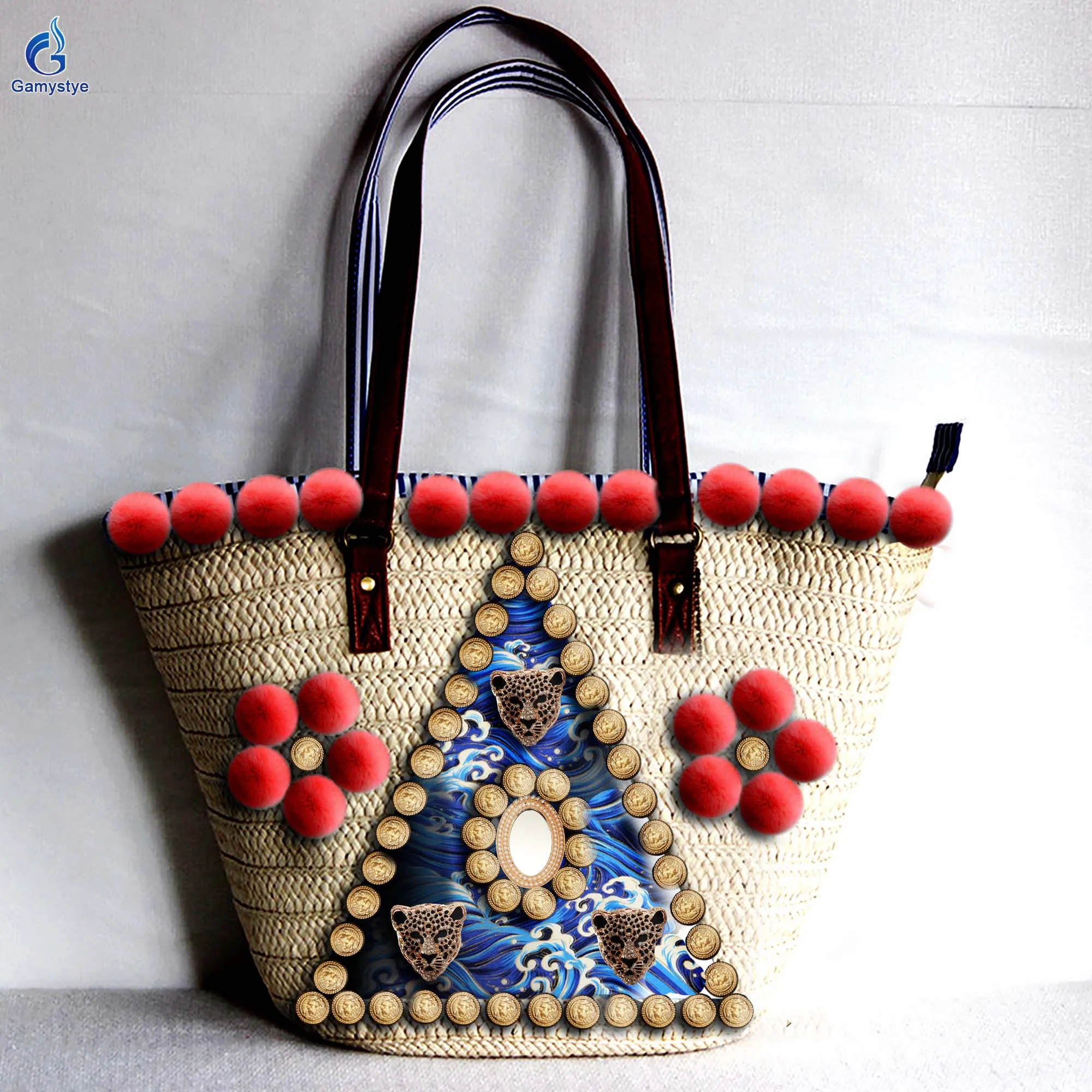 Gamystye Artisc Embroidered Hand Woven Straw Bags Designer Leopard Totes Women purses and handbags Straw Rattan Hairballs