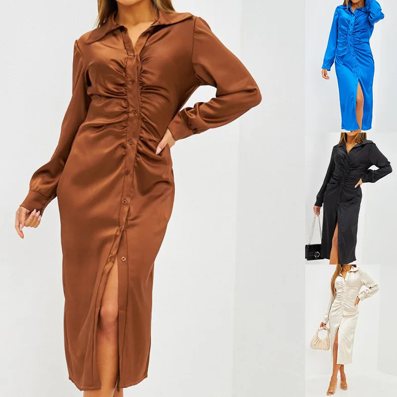 

Women's clothing Autumn and Winter 2023 New style temperament Commuter single breasted long sleeve pleated slim shirt dress