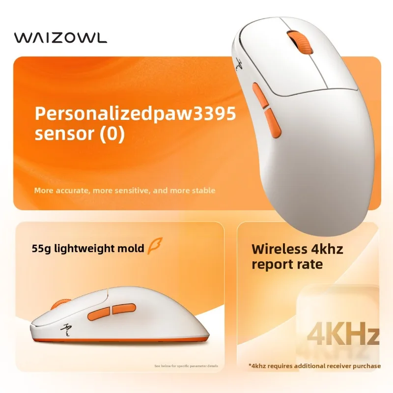 Фото Беспроводная игровая мышь Waizowl Cloud PAW3395 с частотой опроса 8K Гц, классическая симметричная форма для больших и средних рук, для киберспорта, ПК и Mac №2