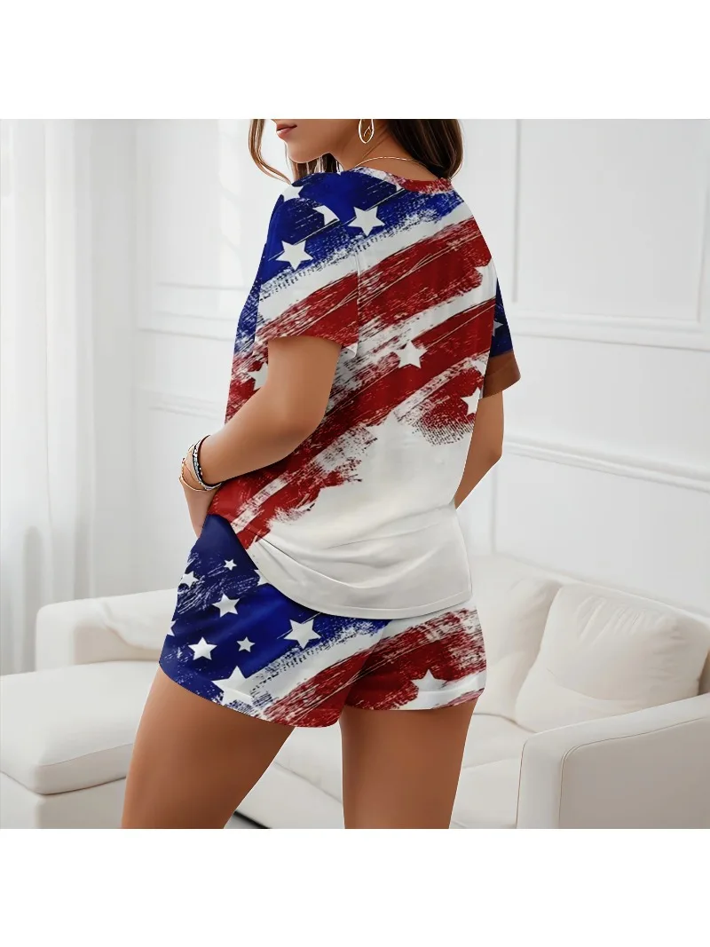Женский модный комплект из шорт с принтом и U-образным вырезом коротким рукавом