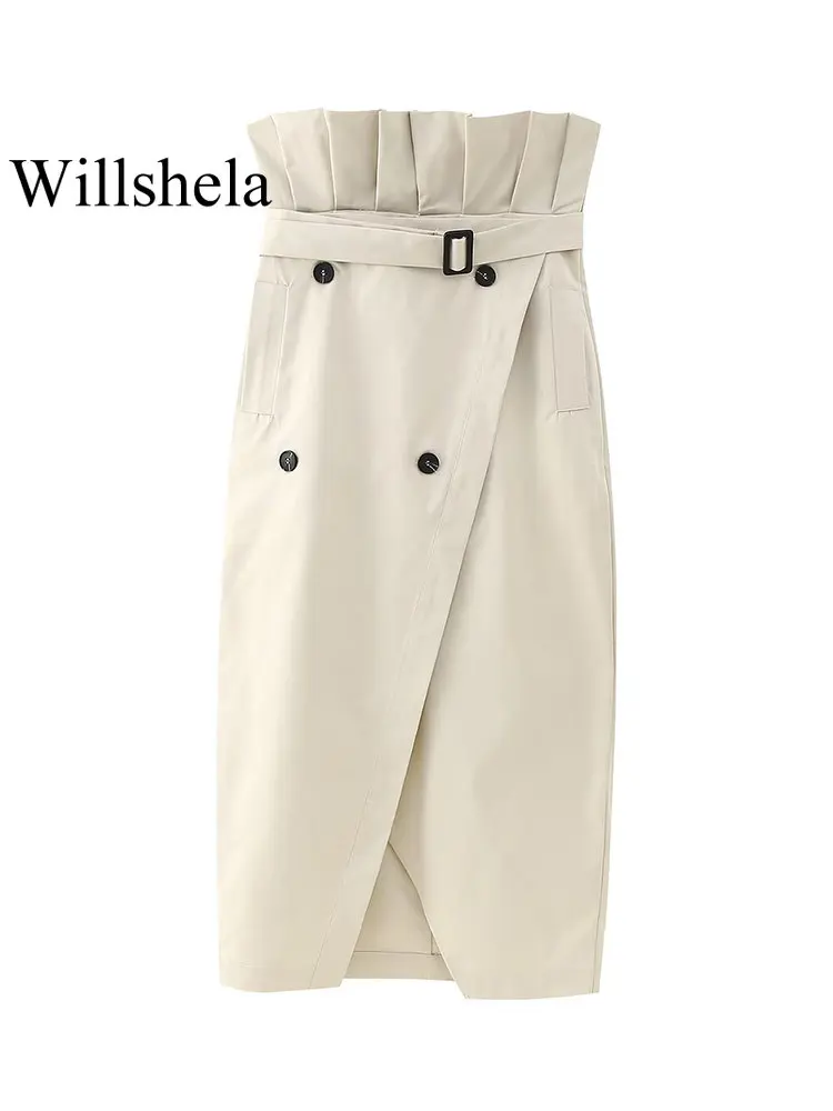 

Willshela Women Fashion With Belt Button Khaki Front Slit Midi Skirt Vintage High Waist Female Chic Lady Skirt