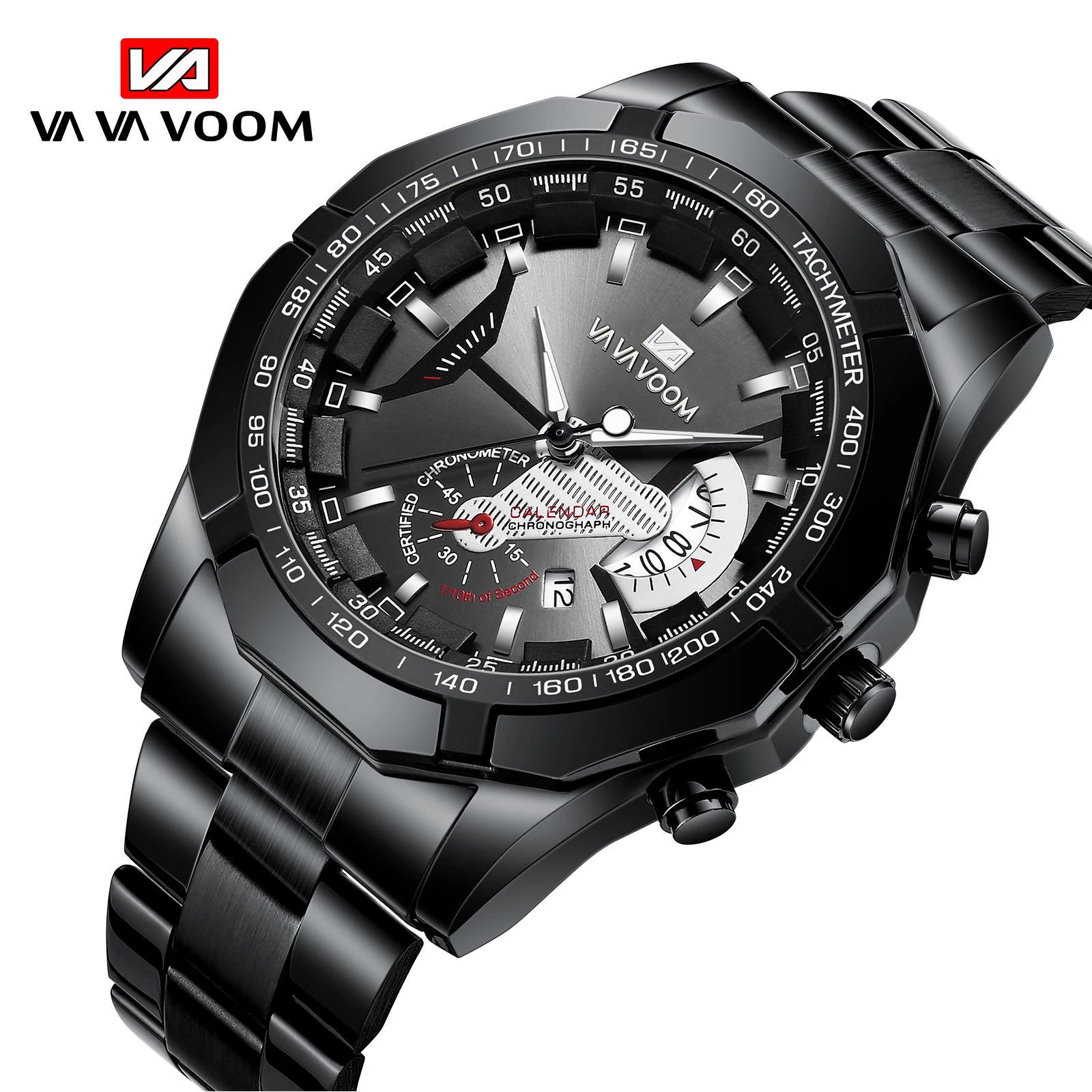 

VAVA VOOM Fashion Men's Watches Top Branded Casual Sports Black Surface Stainless Steel Waterproof Quartz Calendar Wristwatch