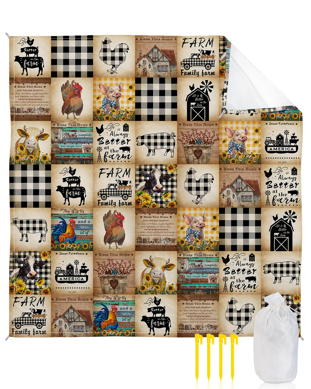 

Farm Retro Chicken Cow Pig Plaid Waterproof Beach Mat Sand Free Mat Beach Towel Blanket Outdoor Travel Picnic Mat