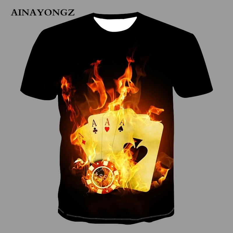 Summer Men's Short Sleeve Blouse Flame Poker Graphic T Shirts  Game Gamble 3d Print Male Casual Harajuku T-shirt Size XS-4XL