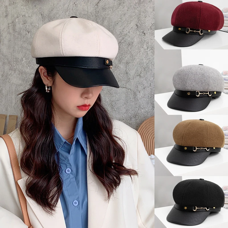 

Fashion Women Berets Autumn Winter Octagonal Caps Stylish Artist Painter Hat Ladies Wool Cotton Blend Black Grey Beret Hats