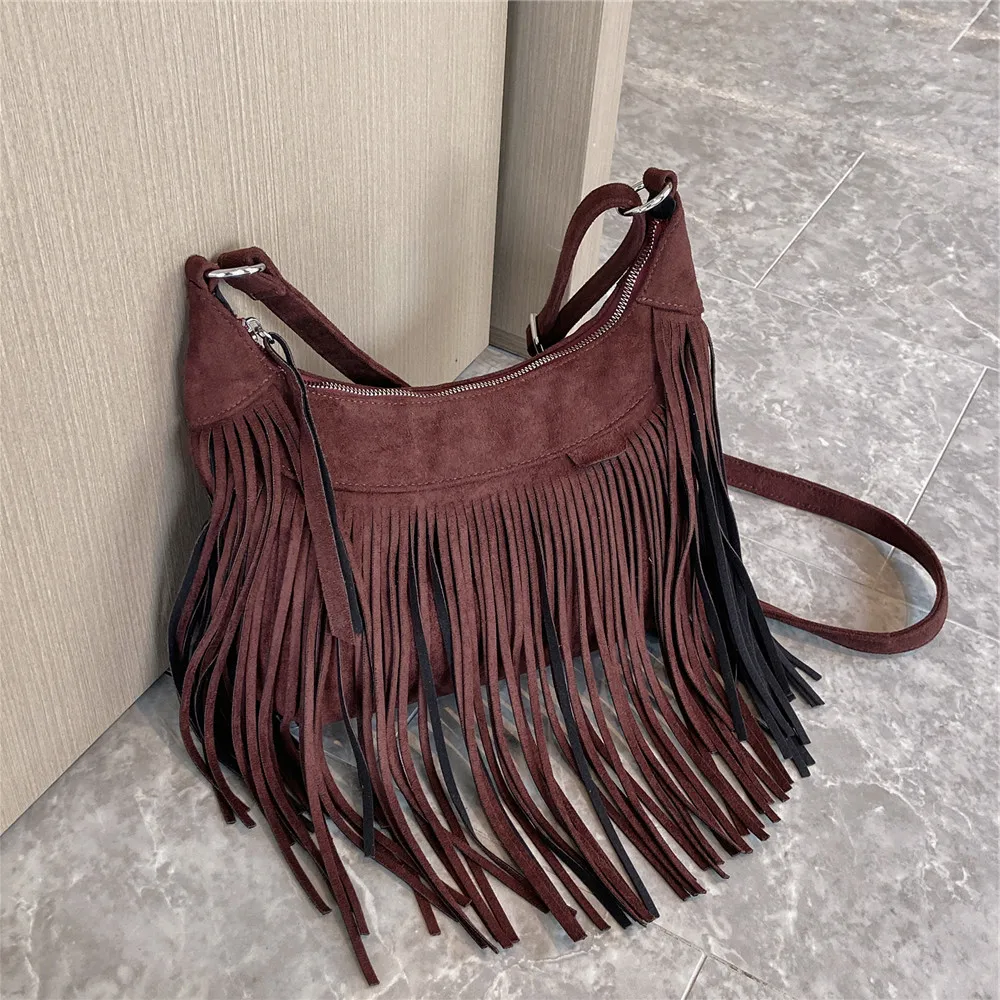 

Toptrends Suede Fringed Crossbody Bags For Women 2023 Trend Luxury Designer Messenger Shoulder Bag Hobo Ladies Handbags Burgundy