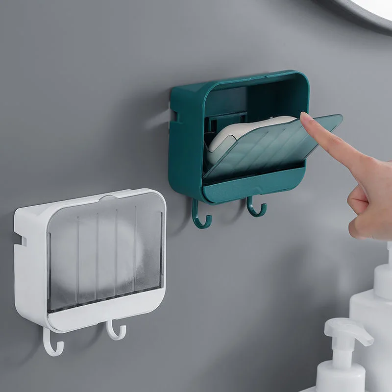 

Wall Mounted Soap Box Creative No Drilling Soap Holder Dishes Double Soap Bathroom Soap Grids Wash Lid With Rack Draining