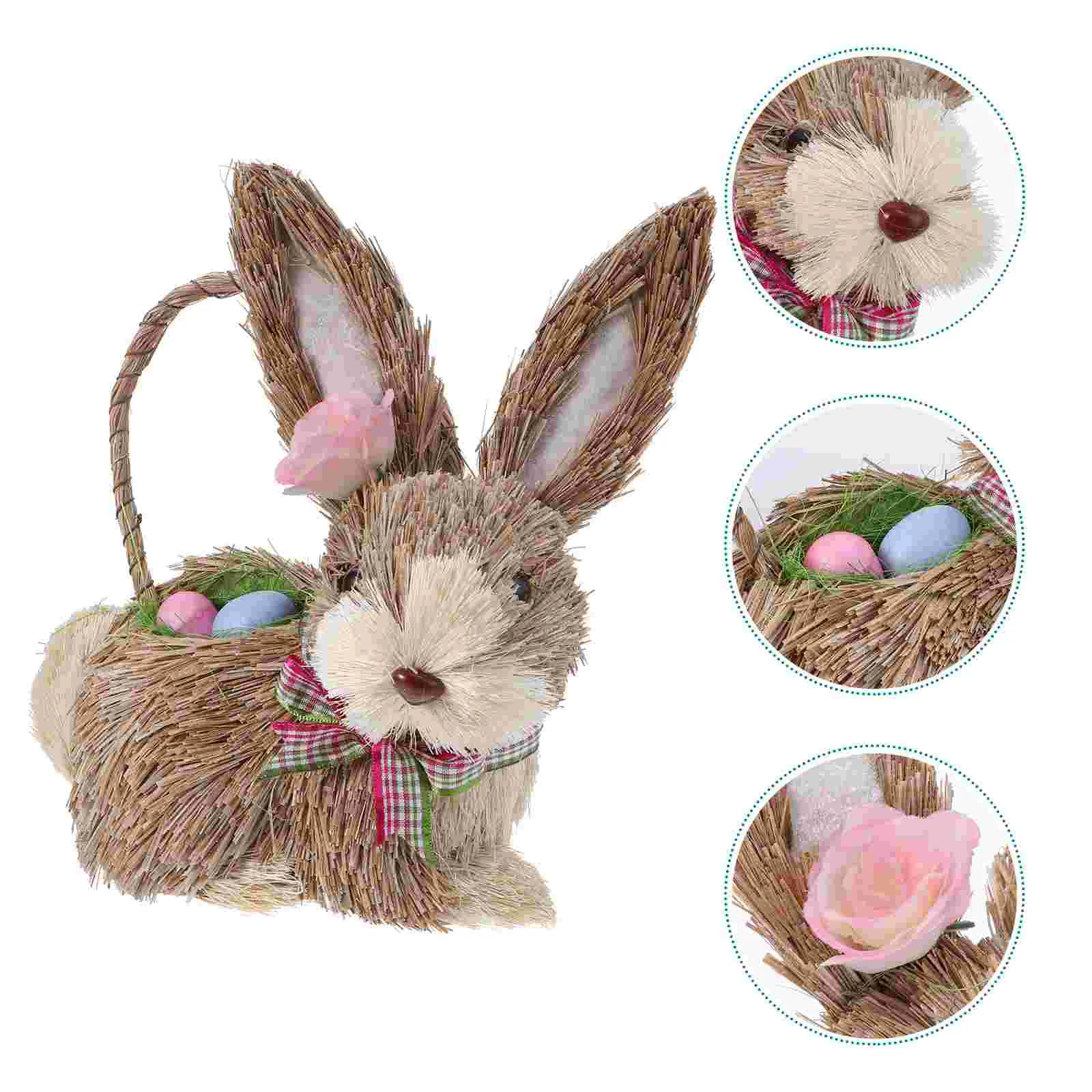 

Easter Bunny Rabbit Straw Basket Figurine Decor Woven Statue Egg Ornament Flower Standing Decoration Tabletop Hand Statues