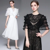 2022 womens summer new high end temperament round neck perspective mesh ruffle sleeve waist pleated large swing long dress