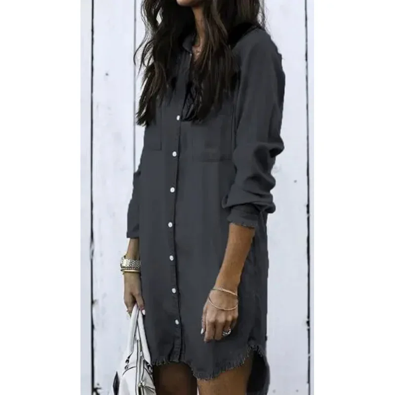 Горячая новая джинсовая рубашка Джинсовая с кисточками Женское длинное