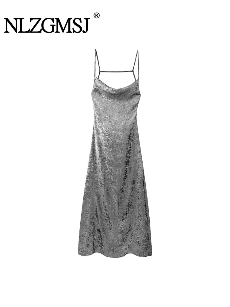 

Nlzgmsj TRAF 2024 Woman Metal Foil Silk Texture Sling Midi Long Dress Vintage Spring Autumn Causal Slim Dresses