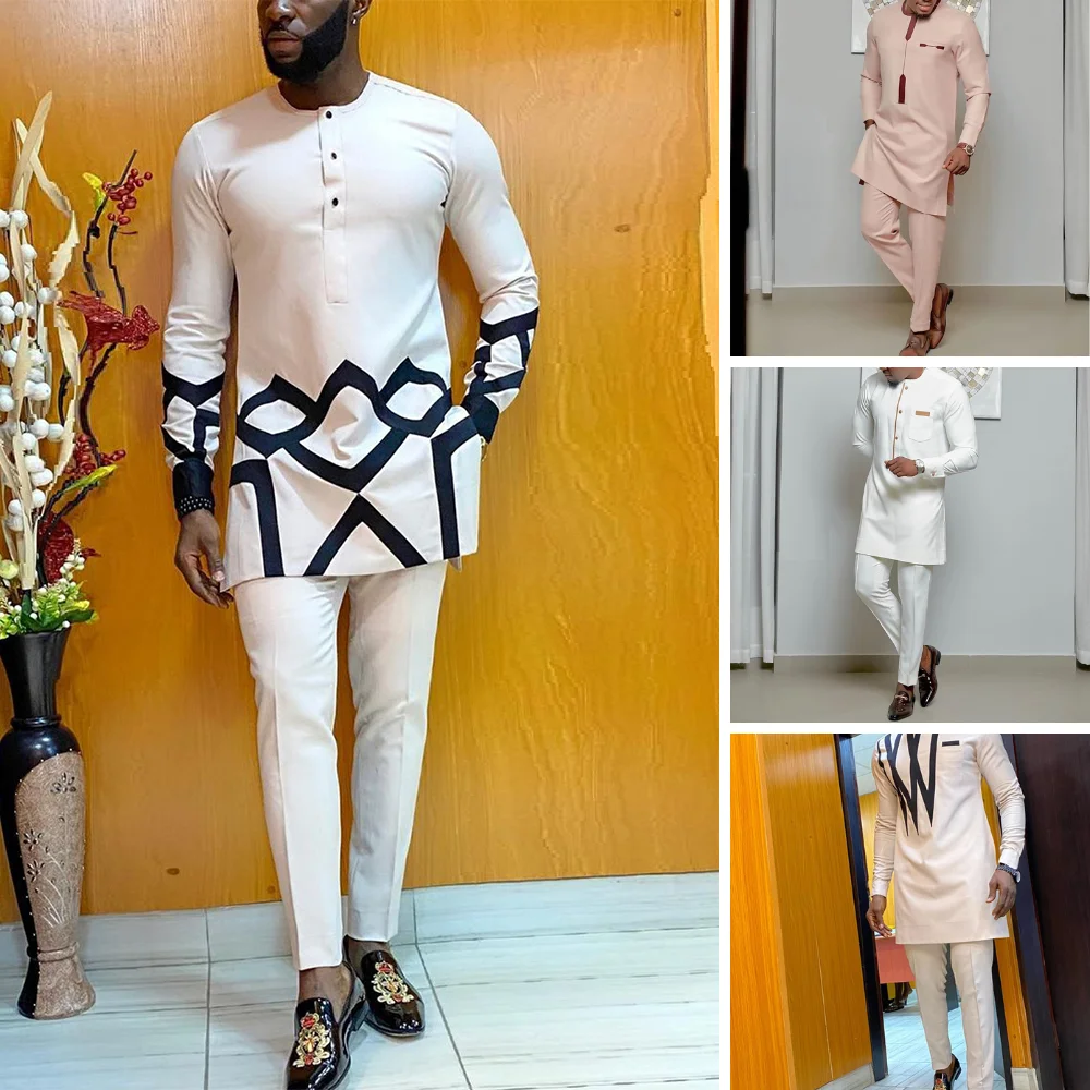 

New Set Man 2 Pieces Wedding Prom Dashiki Men Outfit Dashiki Printed Long Sleeve Shirt White Trouser Suits For Men Set 2 Pieces