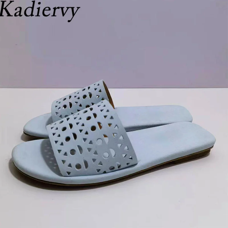 

Hot Sales Slippers Women Suede Leather Hollow Outs Slides Flat Mules Casual Comfort Holiday beach Shoes Summer Slippers Woman