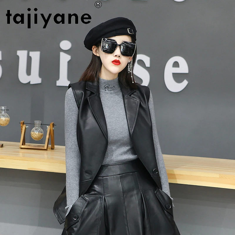Tajiyane Waistcoat Women Leather Vest Sheepskin One Button V-neck Leather Vest  Fashion Casual Versatile Sleeveless Vest FCY110