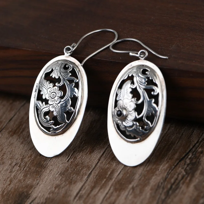 100% S925 Sterling Silver retro fashion creative design hollowed out peony Earrings temperament female water drop silver jewelry