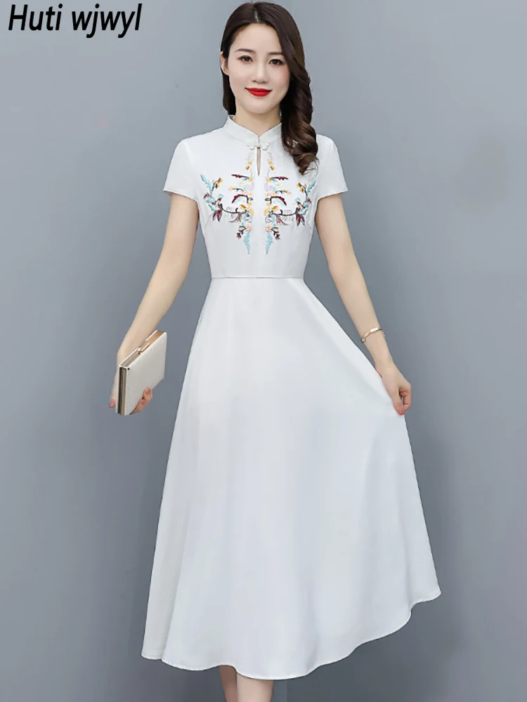 Women White Chiffon Embroidery Midi Dress Summer Fashion Casual Beach Sundress 2023 Elegant Bodycon Party Wedding Maxi Vestidos