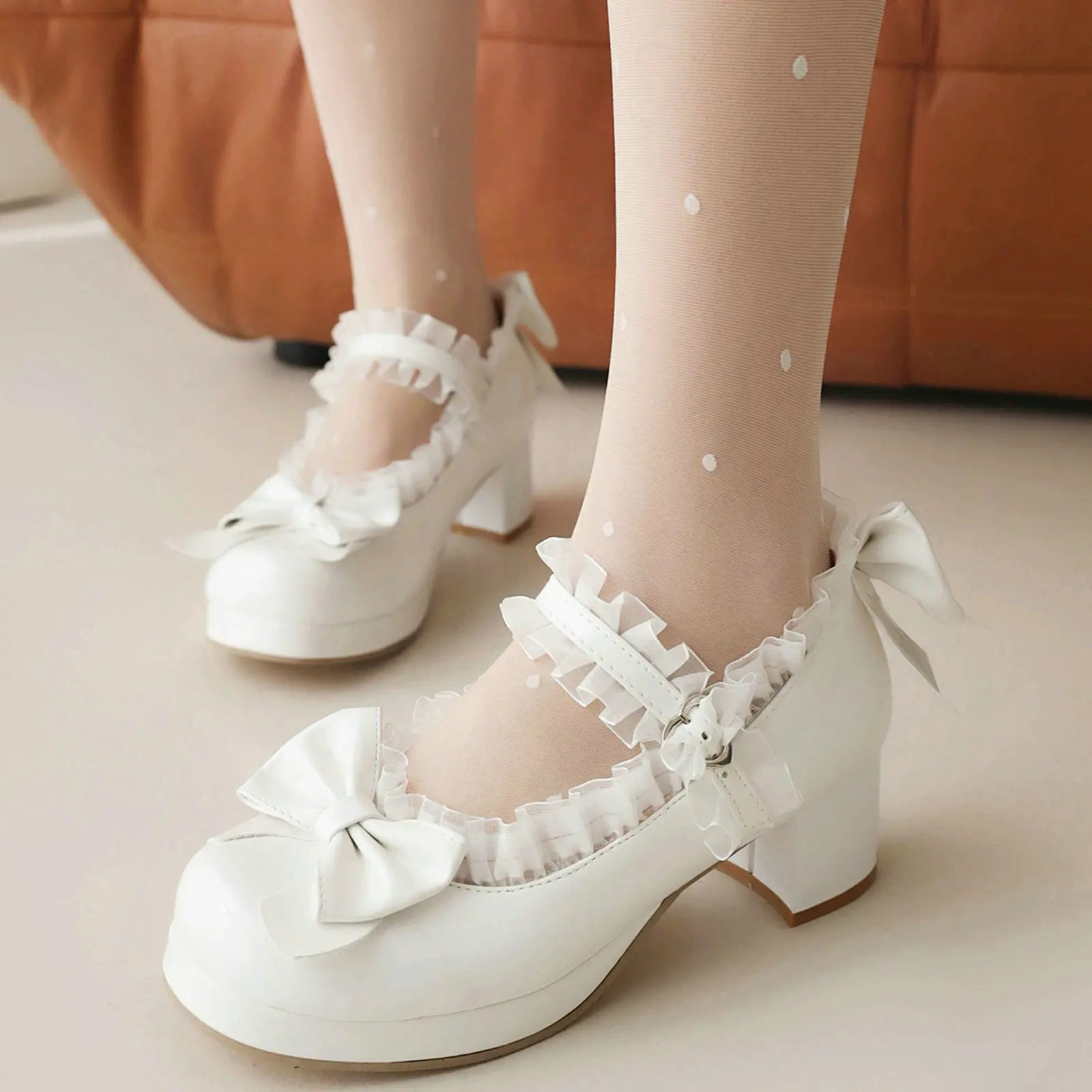 Eokkar Lolita Shoes Mary Janes Patent Leather Block Heel Pumps with Bow Kawaii Shoes for Women Platform Cute Pumps Cosplay Shoes